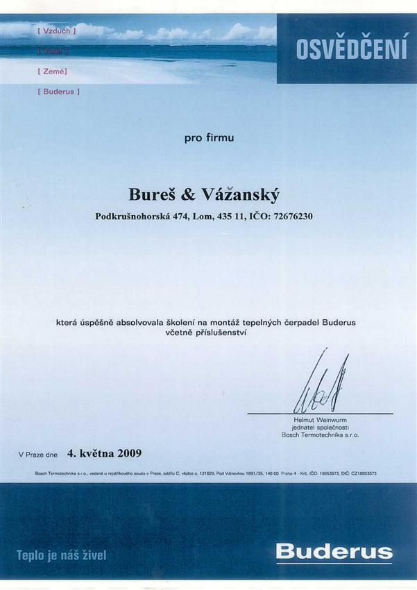 Certifikát montáž teleplných čerpadel Buderus